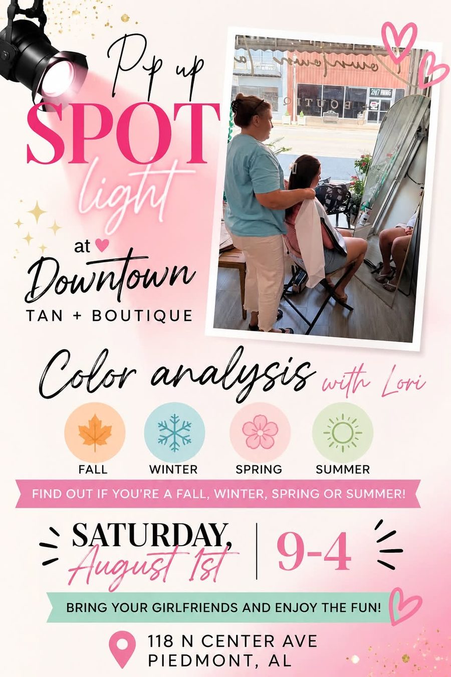 Pop Up Spotlight flyer: color analysis with Lori at Downtown Tan + Boutique, Saturday August 1st, 9 to 4