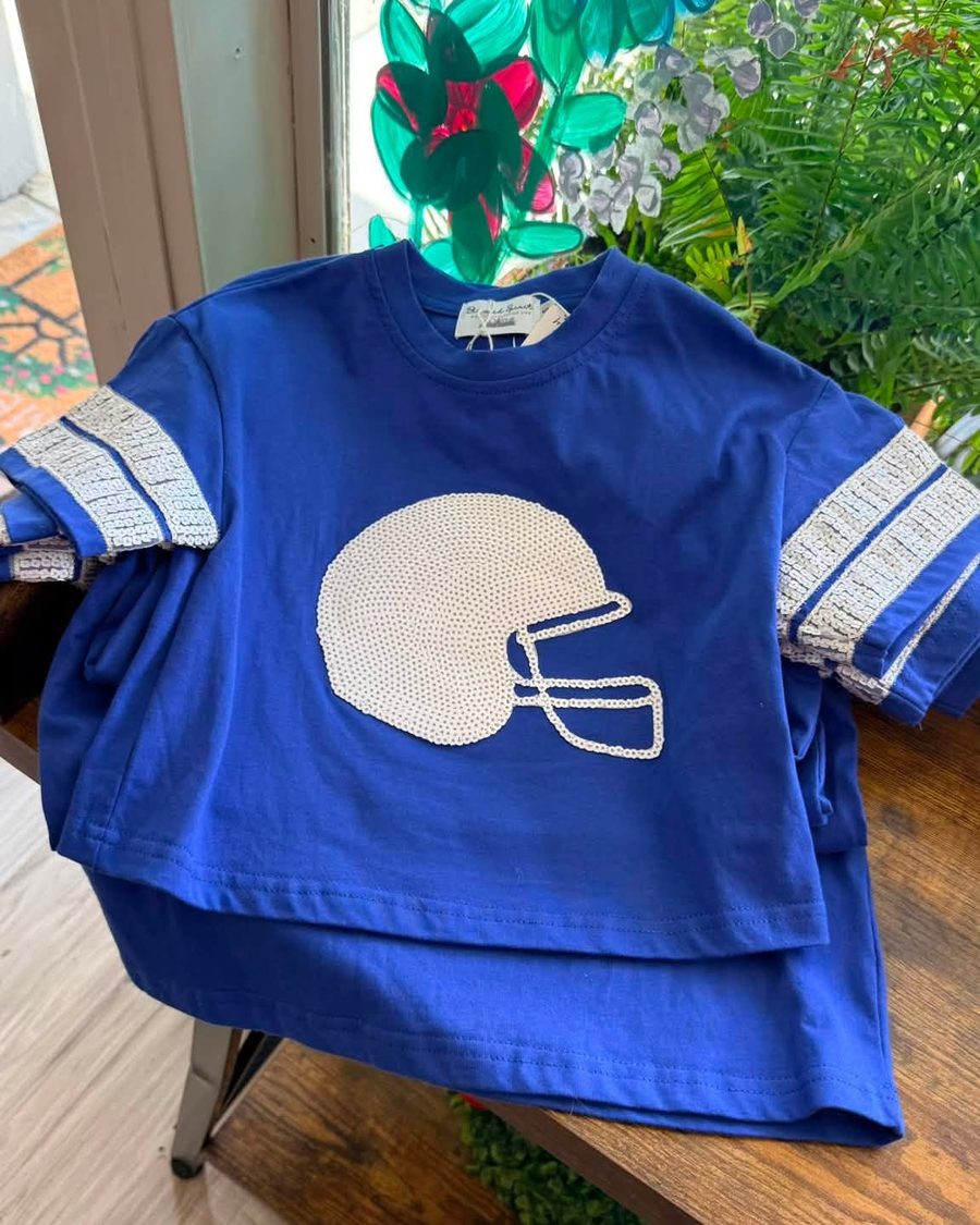 Royal blue youth football top with white sequin helmet and sequin sleeve stripes