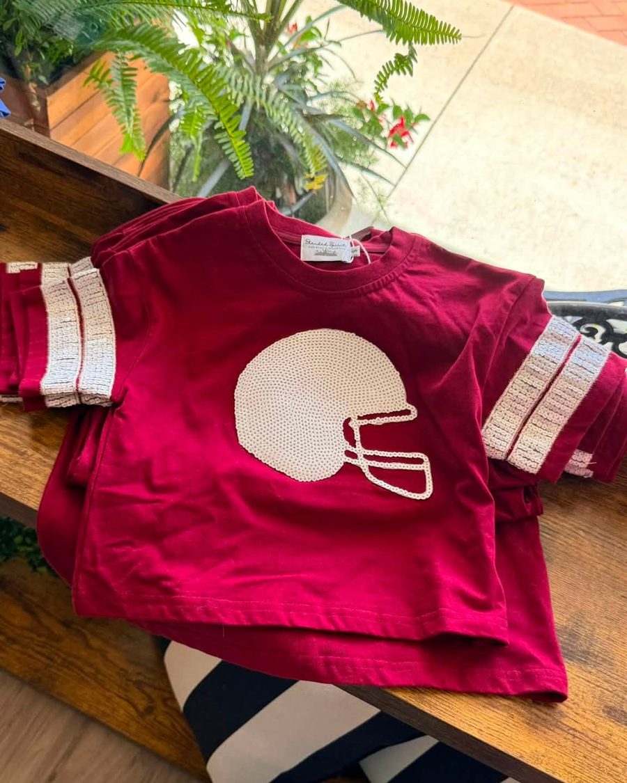 Crimson youth football top with white sequin helmet and sequin sleeve stripes