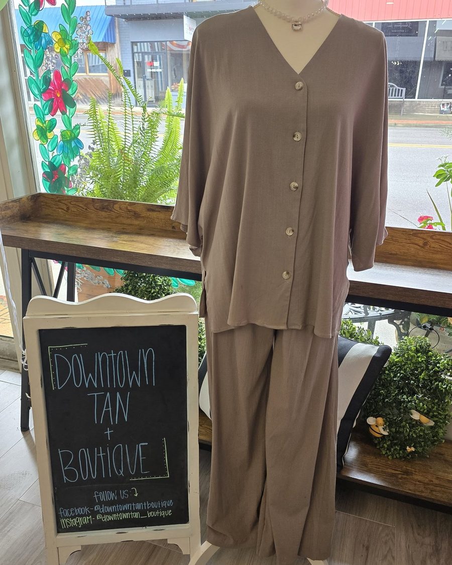 Taupe button-front linen top with wide-leg pants